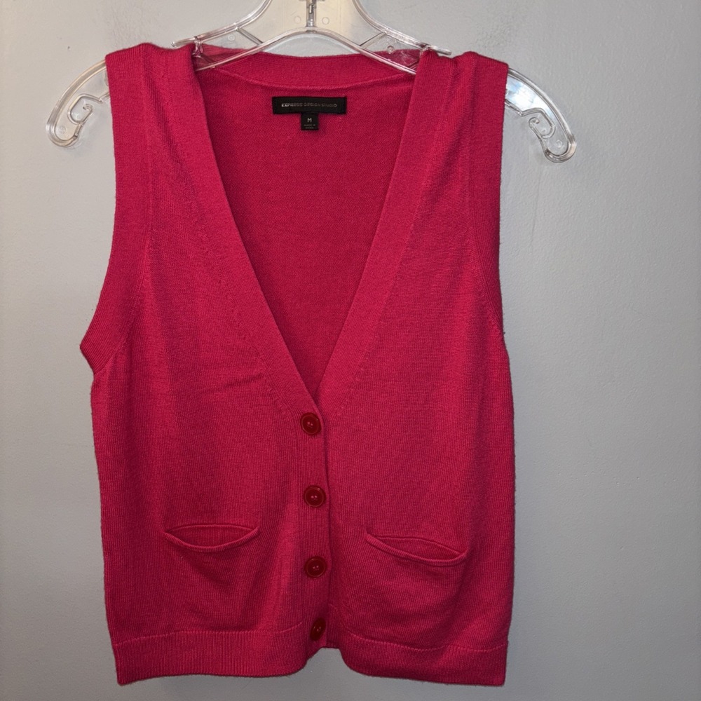 Express Hot Pink Knit Button Down‎ Sweater Vest Wool Blend Women's SzM